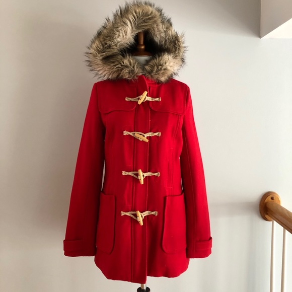 American Eagle Outfitters Jackets & Blazers - American Eagle Red Faux Fur Pea Coat S